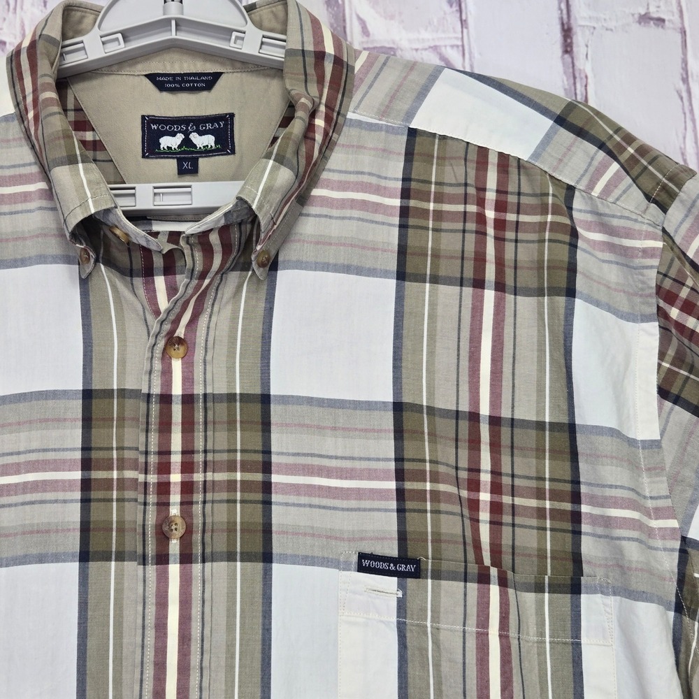 Woods & Gray Plaid Short Sleeve Button Down Shirt Mens XL‎ Cotton Casual Top